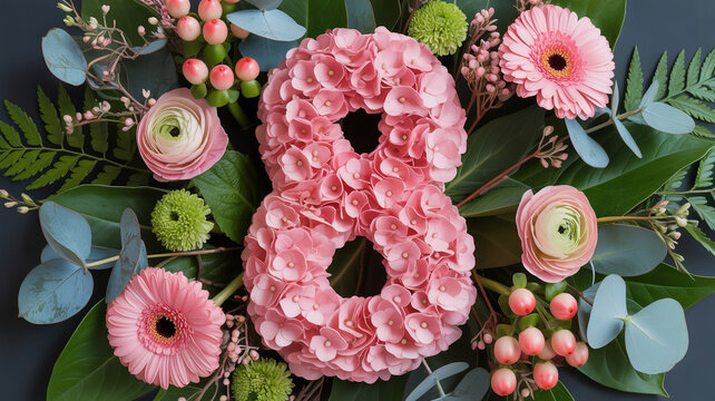 Celebratory floral arrangement with number eight