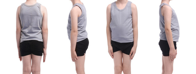 Fototapeta premium Little boy in underwear on white background, closeup. Collage with side, front and back views