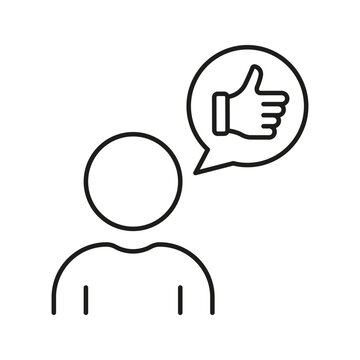 Person With Thumbs Up Speech Bubble Line Icon. Positive Feedback, Approval, Communication Outline Symbol. Customer Satisfaction And Social Interaction. Editable Stroke. Isolated Vector Illustration