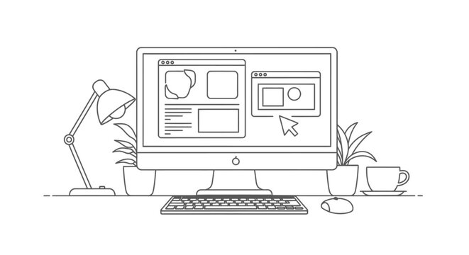 Desktop computer monitor displays multiple application windows for interface design next to a desk lamp and potted plants.