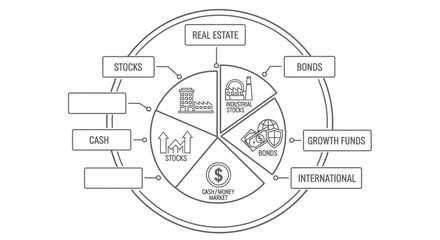 Fototapeta premium Circular diagram illustrates various asset allocation categories including stocks, bonds, real estate, and cash equivalents for portfolio diversification planning purposes.