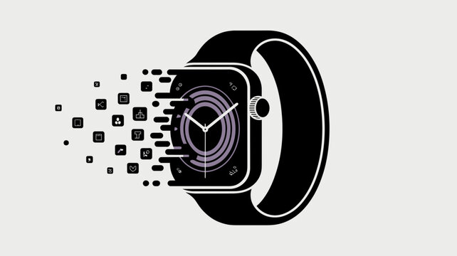 A vector graphic illustration of a smartwatch with social media icons exploding out of it