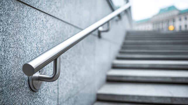 Modern stainless steel handrail on a granite wall next to steps.