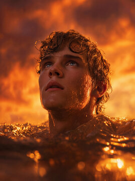 Cinematic portrait of young man in glowing water at sunset, hope and resilience concept