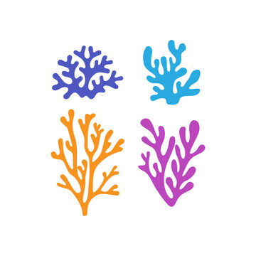 Colorful Coral Set Flat Vector Illustration Marine Reef Elements Collection
