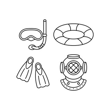Diving Equipment Line Art Set. Snorkel, Mask Fins, Lifebuoy and Vintage Helmet Vector Illustration