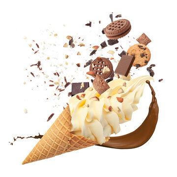 Tasty ice cream in waffle cone and yummy toppings against white background