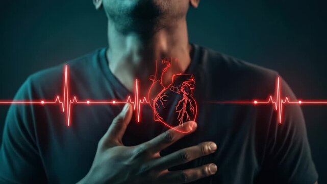 African American man suffering a heart attack, holding his chest in pain, with a glowing red holographic anatomical heart and EKG pulse line overlay.