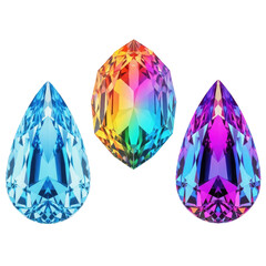 Three faceted gemstones in rainbow blue and purple hues isolated on a transparent background