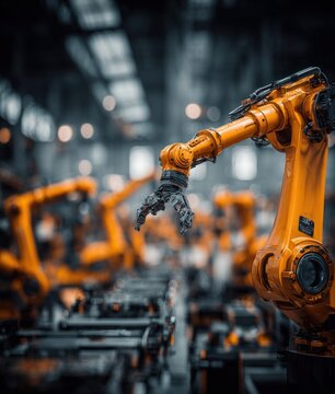Automated robotic arms in a modern factory assembly line, industrial automation concept