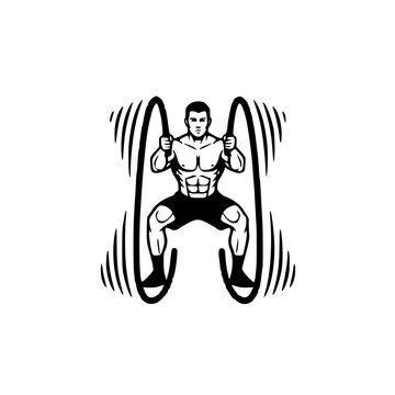 athletic man performing intense battle ropes workout silhouette illustration for high intensity interval training gym fitness and explosive power
