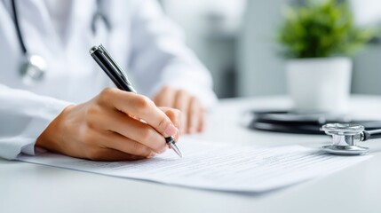 Doctor writing on medical document with stethoscope on desk in clinic office