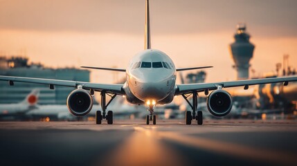 Naklejka premium Front view of a commercial airplane taxiing on the runway at sunset with control tower in background