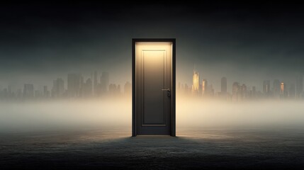 Naklejka premium The glowing door of opportunity opens to a mysterious cityscape shrouded in fog.