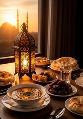 Fototapeta premium Traditional iftar table setting with lantern and mosque view at sunset