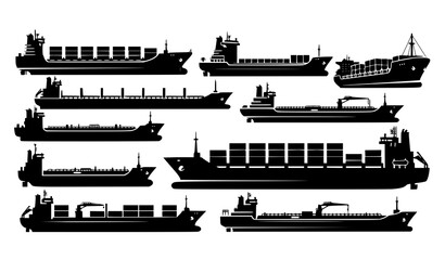 Cargo ship and container ship silhouette vector set maritime transport logistics illustration
