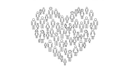 Diverse group of people forming a heart shape with love and unity concept on white background