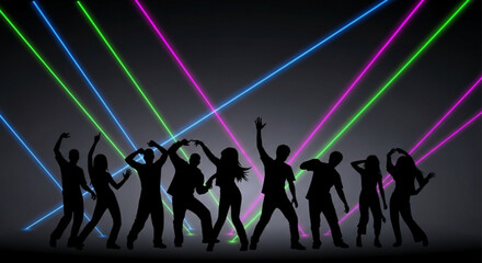 Silhouettes of people dancing under colorful laser lights at a vibrant party or nightclub event with a dark background