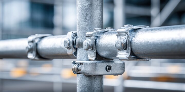 Close-up of galvanized steel scaffolding pipes and clamps on a construction site