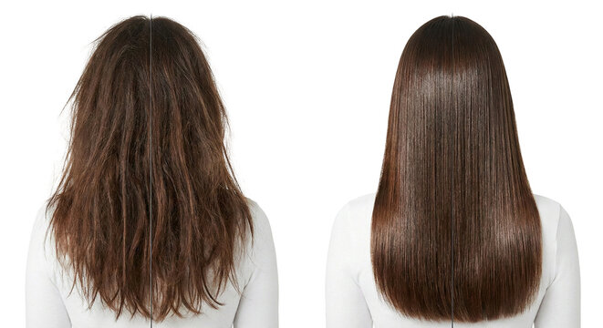 Hair care transformation showing before and after hair treatment