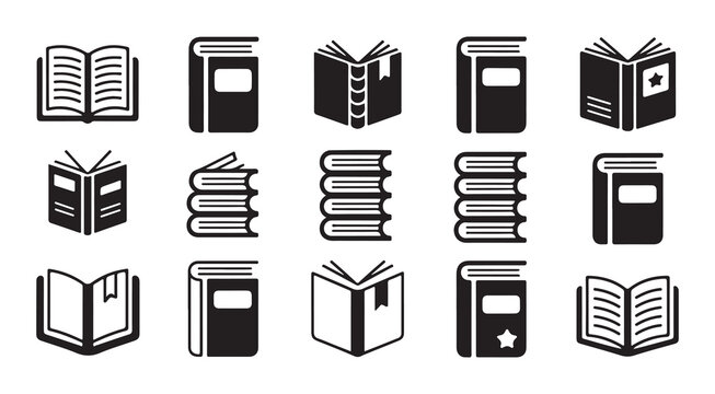 Collection of educational book icons in silhouette and outline vector art