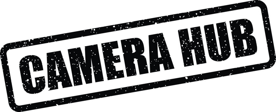Distressed rectangular ink stamp featuring CAMERA HUB text, ideal for photography community or resource platforms