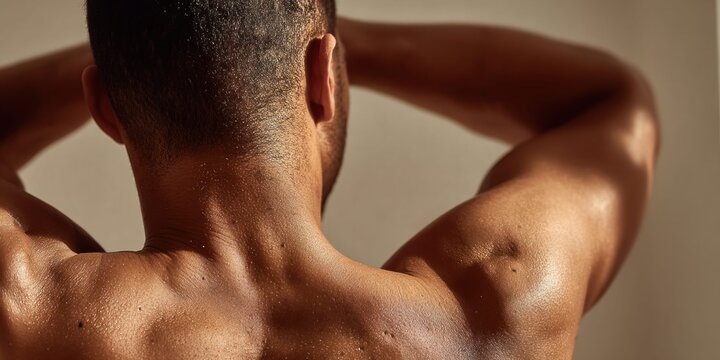 Close-up of a man's muscular back and shoulders with sweat glistening in warm sunlight