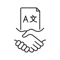 Fototapeta premium Handshake With Document Icon. Language Translation Agreement And International Collaboration Outline Symbol. Business Partnership. Editable Stroke. Isolated Vector Illustration