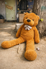 A teddy bear abandoned on the street next to a tree in an urban environment.  