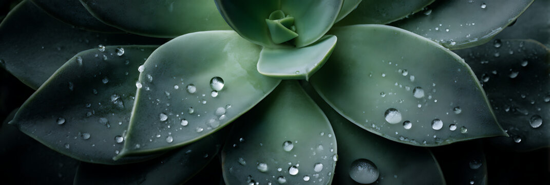 Close-up Macro Shot of a Vibrant Green Succulent Plant with Fresh Morning Dew Water Droplets on Fleshy Leaves Creating a Serene Botanical Texture Background