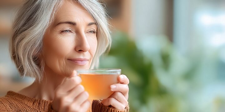 Serene mature woman with gray hair enjoying a warm cup of tea indoors