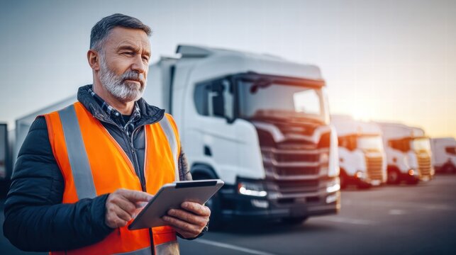 A seasoned logistics manager uses a tablet while monitoring his fleet of trucks at the distribution center.