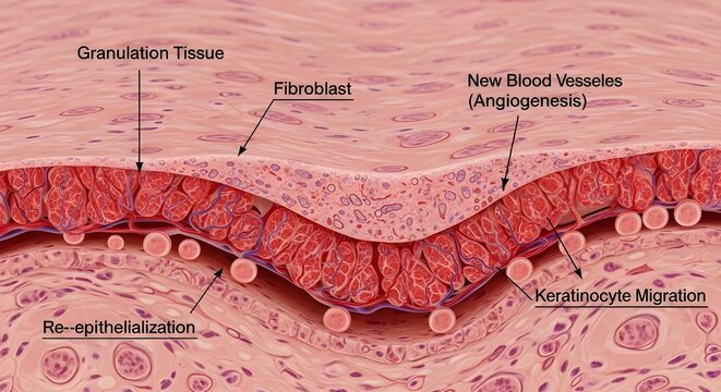 The image illustrates the Proliferative Phase of wound healing, showing how the body repairs damaged skin through several simultaneous biological processes.