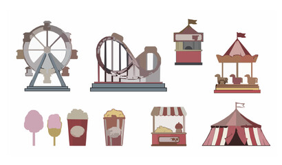Fototapeta premium Amusement Park Icons Flat Vector Set
