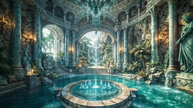 Breathtaking fantasy palace interior with turquoise water pools, ornate columns and lush vegetation evoking an ancient mythological civilization or lost Atlantis. Magic turquoise scenario