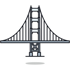 Fototapeta premium Stylized illustration of a suspension bridge with a blue-grey deck and towers, featuring a minimalist design and black outlines.