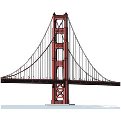 Obraz premium Stylized illustration of the iconic Golden Gate Bridge in San Francisco, featuring its distinctive red towers and suspension cables against a white background.