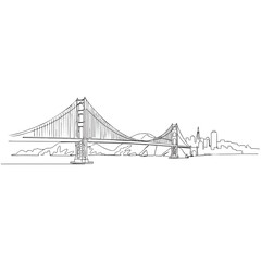 Fototapeta premium Detailed line art drawing of the iconic Golden Gate Bridge with a distant city skyline and mountains in the background, spanning a body of water.