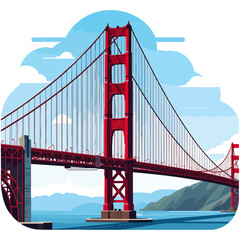 Fototapeta premium Vibrant illustration of the iconic Golden Gate Bridge spanning a bay under a bright blue sky with fluffy clouds and distant green hills.