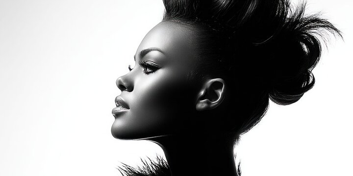 Elegant black and white portrait of a woman with dramatic hairstyle and makeup