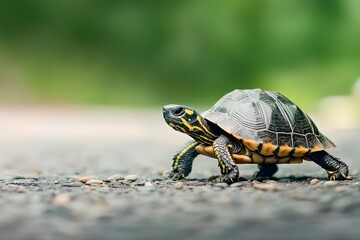 Obraz premium Small Tortoise Walking on Road with Green Natural Background