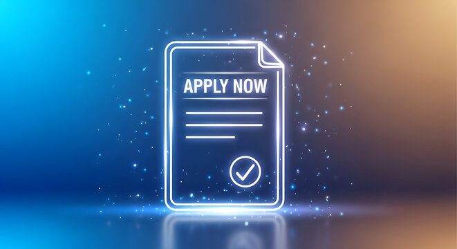 Neon apply now button on blue background with sparkles