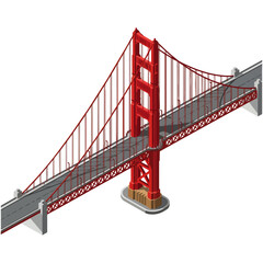 Obraz premium Isometric illustration of the iconic Golden Gate Bridge, a famous red suspension bridge with two towers and a roadway, isolated on a white background.