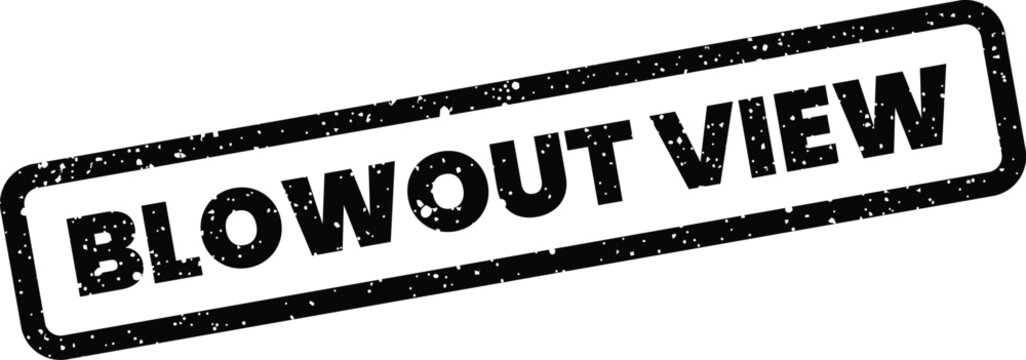 Distressed rectangular rubber stamp showcasing the words Blowout View for a broad perspective illustration