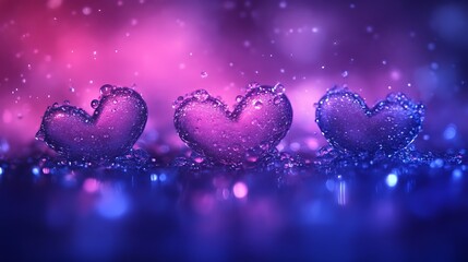 Obraz premium Three purple hearts, water droplets, bokeh, vibrant colors, romantic