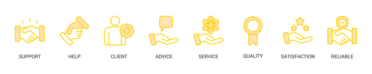 Fototapeta premium Customer Care Lineal Yellow Icon Set For Web Banner. Vector Illustration Concept With Some Icons. Designed In Lineal Yellow Style