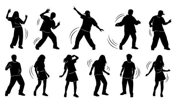 Urban dancing people silhouette collection with young men and women hip hop party poses vector isolated on white