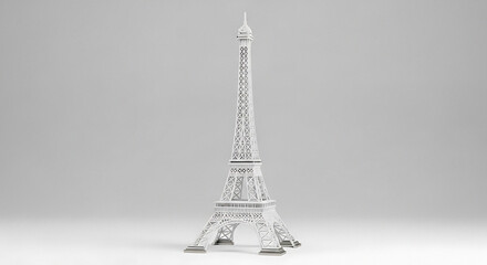 The Eiffel Tower stands alone in a minimalist environment, viewed from the front