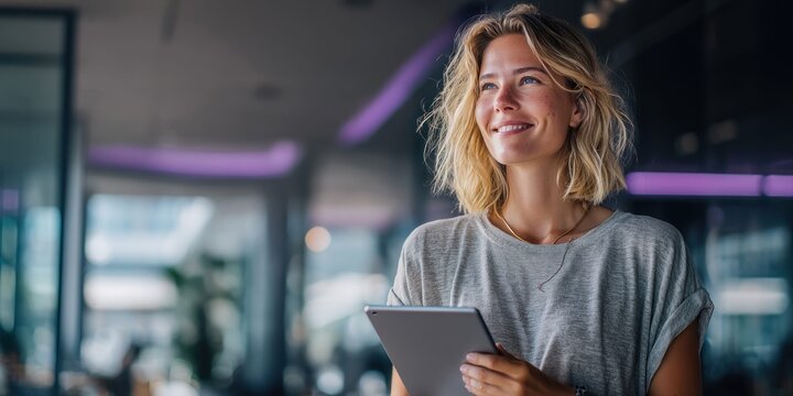 Young woman with blonde hair holding a tablet and smiling while looking out a window