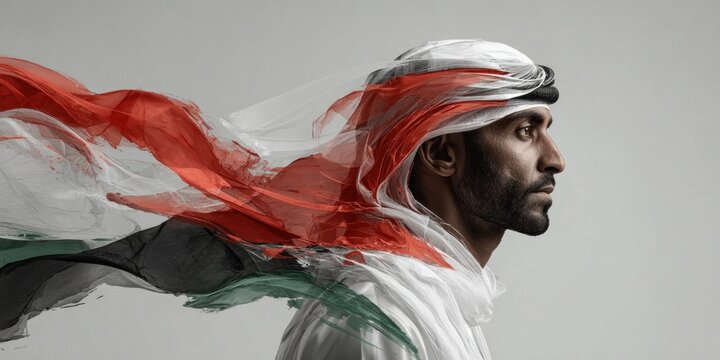 Emirati man in traditional dress with flowing fabric symbolizing national flag colors